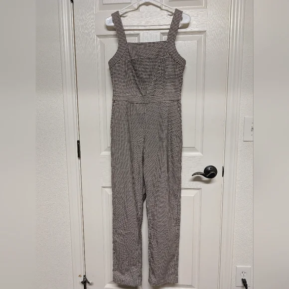 & Other Stories Belted Micro Gingham Houndstooth Overalls Brown S 4 Square Neck - Picture 4 of 14